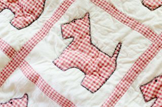 Vintage Handmade Scottie Dog Quilt Baby Blanket Red Gingham Farmhouse Nursery