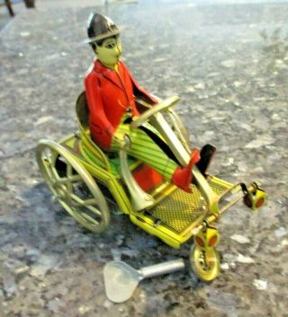 Vintage Tin Wind - Up Toy 3 Wheel Car By Hp Clockwork Man On Tricycle