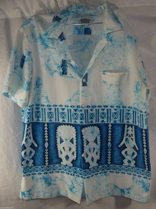Vtg Malihini Hawaiian Aloha Loop Collar Tiki Cracked Ice Design Shirt Men 
