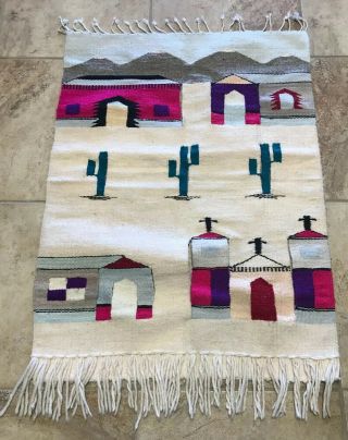 Hand Woven Mexico Native American Wool Rug Wall Hanging Churches Cactus