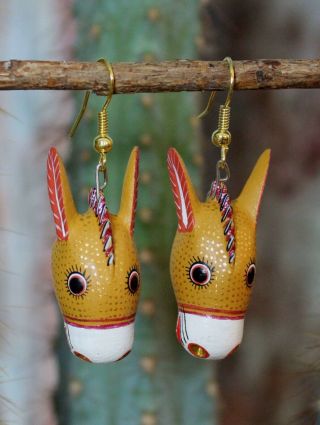 Gold Donkey Burro Alebrije Earrings By Ana Xuana Handmade Oaxaca Mexico Folk Art