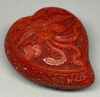 Asian Cinnabar Lacquerware Heart Shaped Box Birds