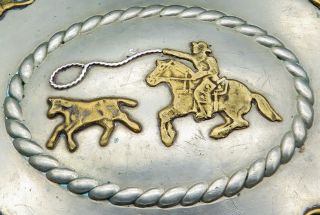 Calf Roping Rodeo Cowboy Frontier Nickel Silver Vintage Belt Buckle 3