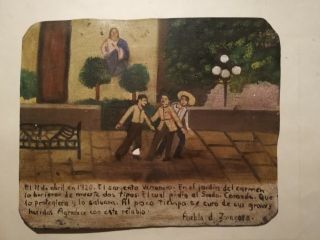 Vintage Mexican Ex Voto Retablo " Street Fight Mourtally Wounded " Hand Painted