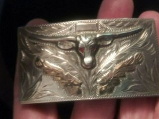 Vintage Mexican Silver Longhorn Belt Buckle With Gold Inlay