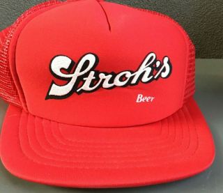 Vintage Stroh’s Beer Snapback Trucker Hat Cap Red Nos Old Stock Mesh