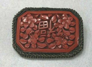 Vintage Chinese Carved Cinnabar Pin Brooch Stamped China On Copper Back
