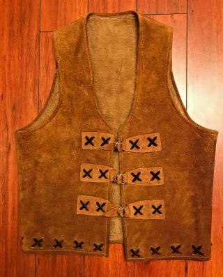 Vintage Brown Tan Western Suede Leather & Shearling Buckle Strapped Cowboy Vest