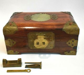 Shanghai China Wood Jewelry Box Carved Jade Medallion Engraved Brass & Lock Box