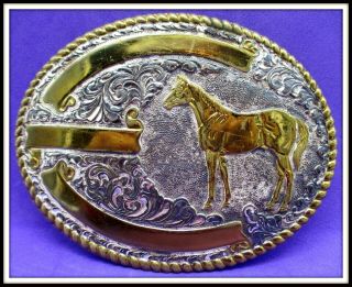 Vintage 3 Banners Standing Horse Western Belt Buckle Made In The Usa By Crumrine