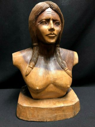Vintage Hand Carved Indian Head Statue Bust Wood Folk Art,  Large 14 " Tall Poplar