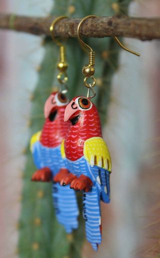 Alebrije Macaw Earrings Detailed By Ana Xuana Handmade Oaxaca Mexican Folk Art