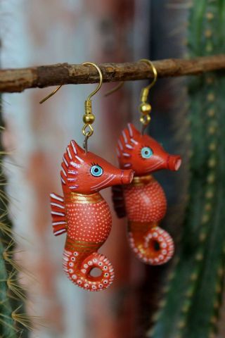 Alebrije Seahorse Earrings By Ana Xuana Handmade Detailed Oaxaca Mexico Folk Art