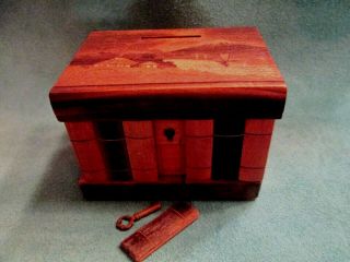 Vintage Japanese Wooden Puzzle Mystery Box,  Bank Mt.  Fuji W/ Key Patina