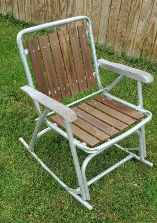 Vintage Redwood Slat Folding Rocking Lawn Chair Aluminum Frame