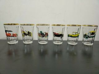 Full Set Of 6 Vintage 1950/60s Shot Glasses Classic Cars Made In Italy Gold Rim