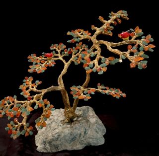 Vintage Chakra Tree Gold Wite Teal/ Peach Gems Birds Stone Base