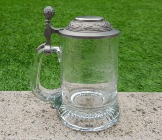 Vintage Engraved Etched Glass And Pewter Tankard Beer Stein Rein Zinn Bleifrei
