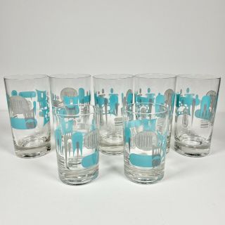 Vintage Blue Heaven Drinking Glasses Atomic Mid Century Modern 5 Tall 2 Juice