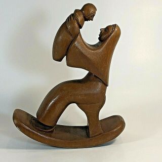 J Pinal Wood Carving Mother And Child On Rocker Signed By Artist