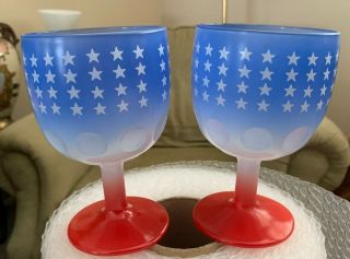 2 Vtg Bartlett Collins Thumbprint Stemmed Goblet Red/blue/white Stars Americana