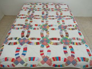 Vintage All Cotton Hand Pieced & Quilted Wedding Ring Quilt; 83 " X 66 " ; Good