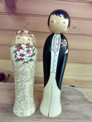 Japanese Kokeshi Wooden Dolls 9.  25 " H Bride & Groom Made In Japan