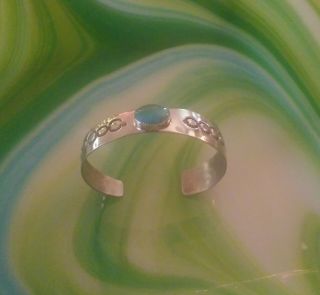 Pre - Owned Natural Turquoise & Hand Stamped Silver Bracelet - Navajo - Signed