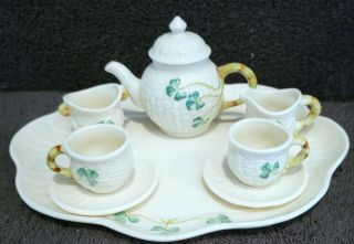 Wonderful Vintage Belleek Shamrock 9 Piece Miniature Tea Set With Tray