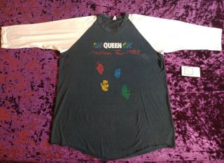 Vtg 1982 Queen American Tour Raglan T - Shirt Double Sided W/ Concert Ticket