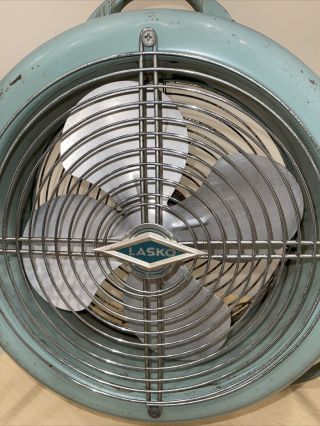 Vintage Lasko Round Metal Teal Blue Floor Fan 2 Speed Model 1250 4F 2