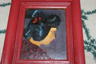 Vintage Miniature Asian Painting Japanese Chinese Woman Oil On Board Portrait 2