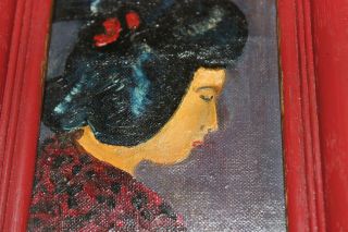 Vintage Miniature Asian Painting Japanese Chinese Woman Oil On Board Portrait 3