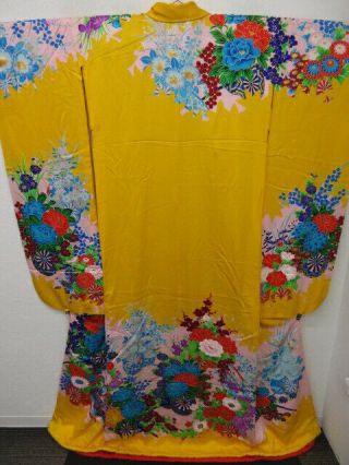 Bridal Yellow Silk Japanese Kakeshita Kimono W/flower Cart,  Gold Q870