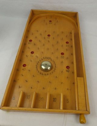 Vintage Wooden Bagatelle Pinball Game 1960s Handmade With Bell 12x24 "