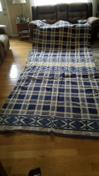 Vtg Cotton Buggy Wagon Camp Blanket Double Extra Long Blue Brown Blanket 154x70”
