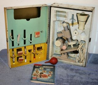 Vintage GILBERT MICROSCOPE AND LAB SET IN TIN BOX 2