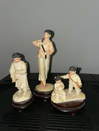 Vintage Hand Carved/painted Resin Figurine Set Of 3 Young Girls