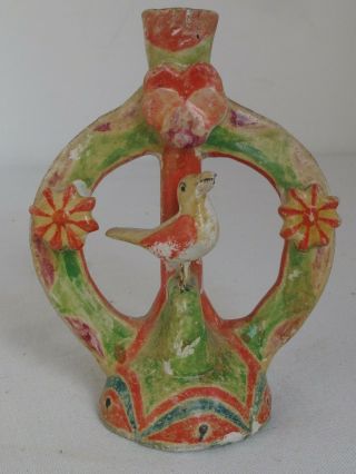 Vintage Mexican Pottery Tree Of Life Candle Holder 5 1/2 " Tall