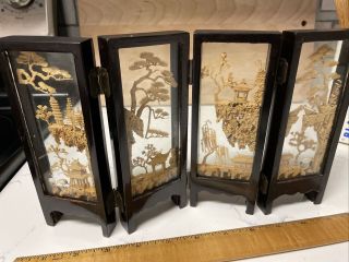 Vintage Chinese Cork Carved Diorama In Glass And Black Laquered Wood Case