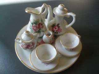 Petite And Pretty Miniature Vintage 11 Piece Porcelain Tea Set " Pink Roses "