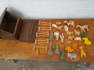 Vintage Handmade Wooden Toy Set Barn Retro Farm Zoo Animals Trees Fences Etc