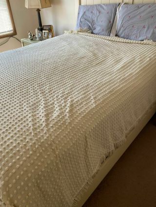 Bates Vintage White Fringed Linen Bedspread Chenille Pom Poms 85 " X 104 " Full