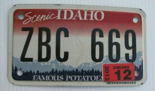 Idaho 2012 Motorcycle Cycle License Plate " Zbc 669 " Id 12 Famous Potatoes