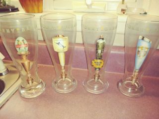 Set Of 4 Tommy Bahama Clear Glass Pilsner Beer Glasses 4 Different Tappers 1 Set