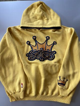 Vintage Jnco Jeans Crown Spell Out Brand Logo Hoodie Yellow Sweatshirt L Rare