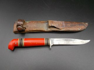 Vintage Wards Western Field Red Handle Fixed Blade Hunting Knife With Sheath