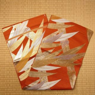 【fukuro Obi】japanese Kimono,  Vintage Silk Fukuro Obi,  Bamboo Leaf,  Orange.  (袋016)