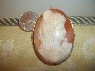 Large Vintage Hand Crafted Carved Shell Cameo Pin Brooch Unknown Metal