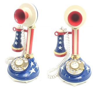 Vintage Candlestick Rotary Phone Telephone Stripes American Red White Blue Flag